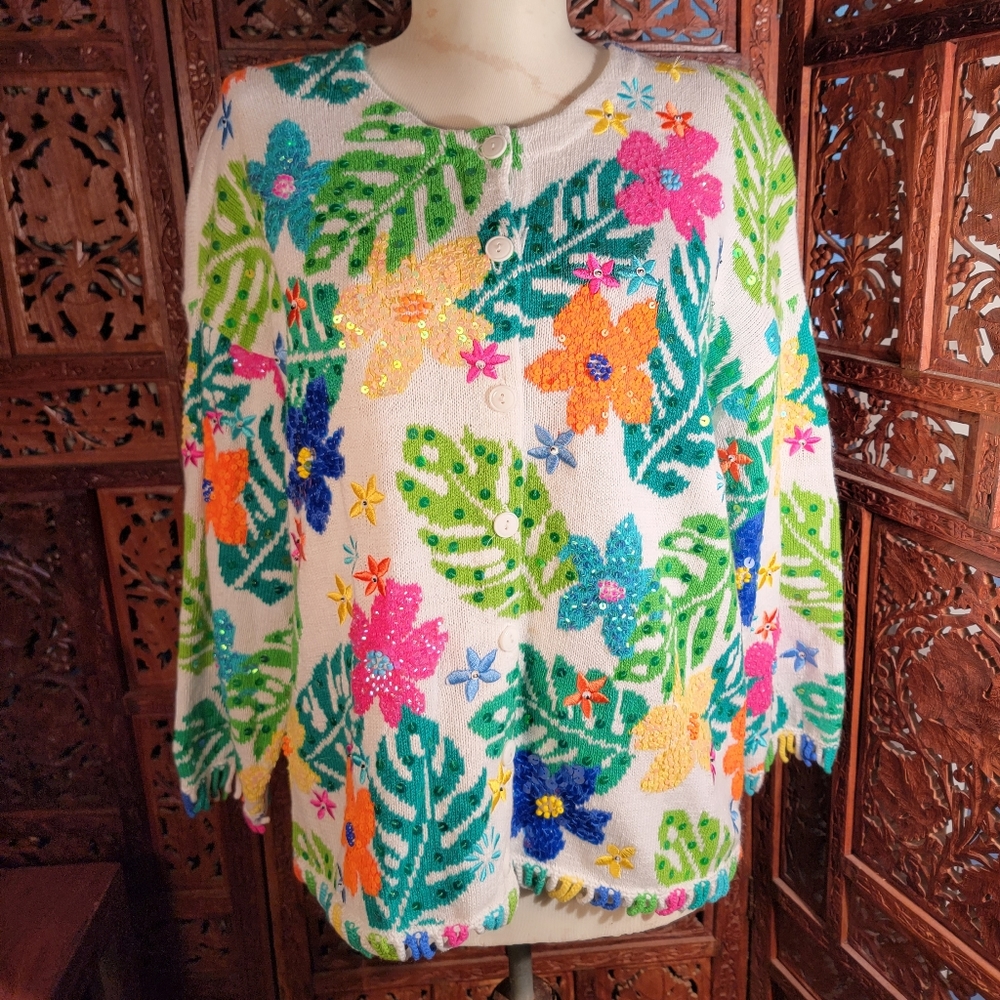Vintage Jane's Closet Tropical Flower and Leaves 3/4 Sleeve with Sequins, Large